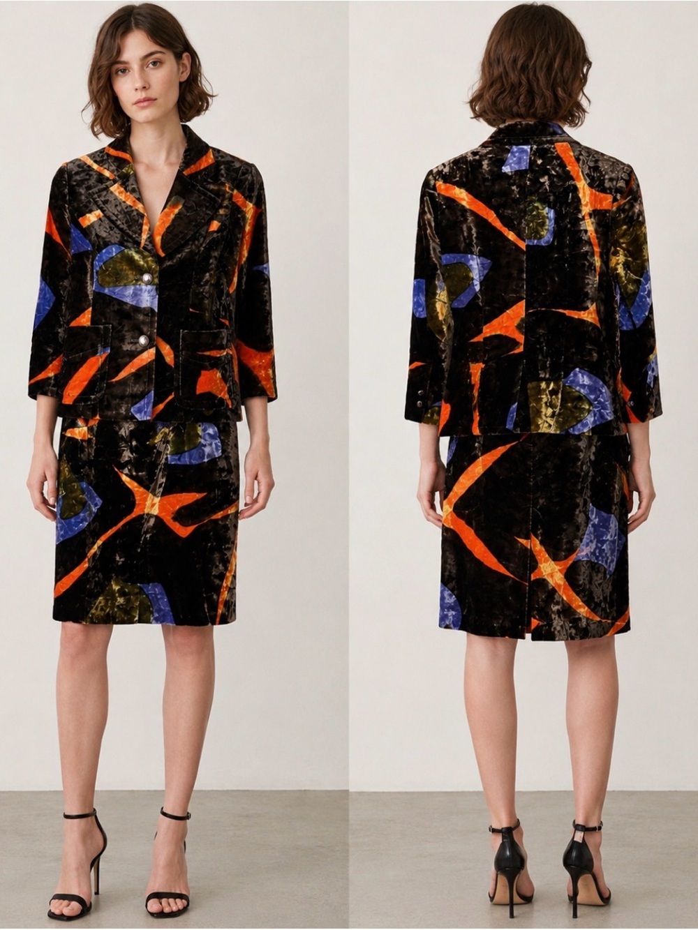 Imai Aoyama Japan Couture Silk Velvet Colorful Jacket & Skirt XS/S 2 4 Vintage